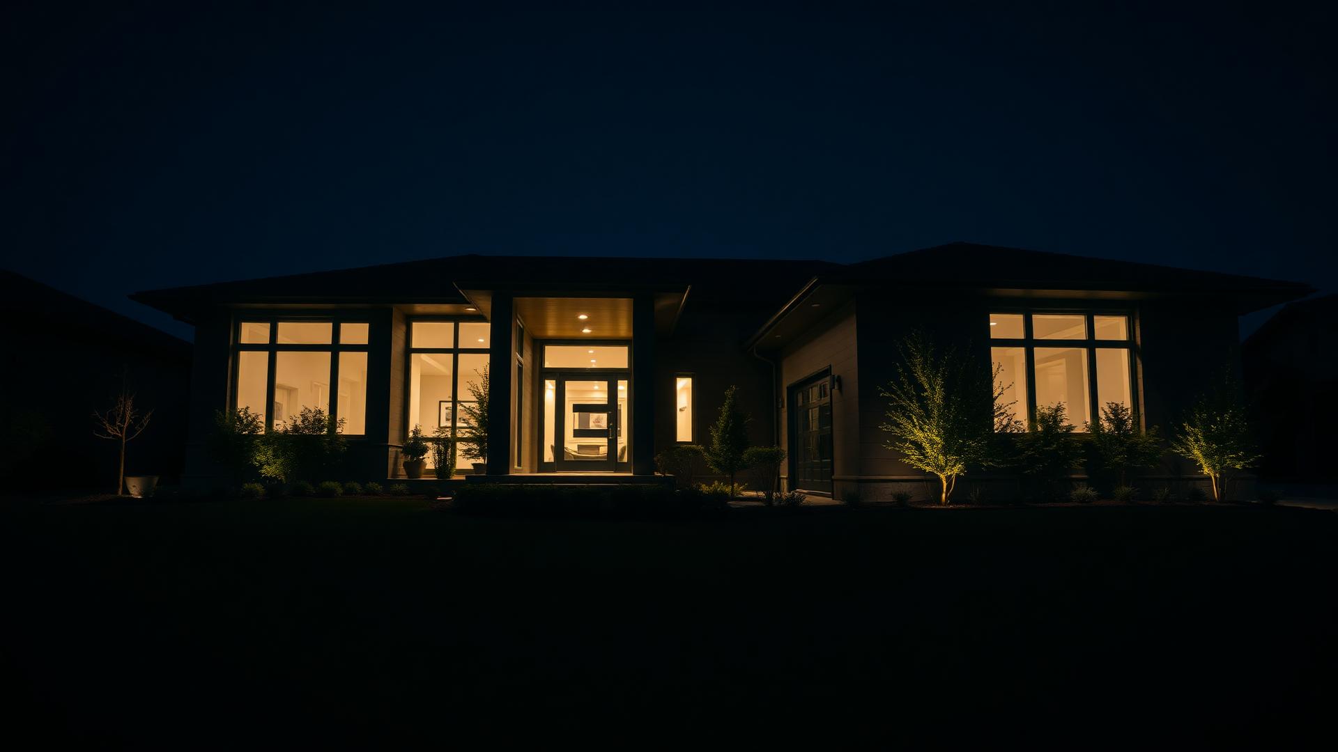 Modern smart home illuminated at night